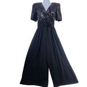 Vtg 80s Opening Night Black Sequin Wide Leg Chiffon Jumpsuit Romper Women's Sz S